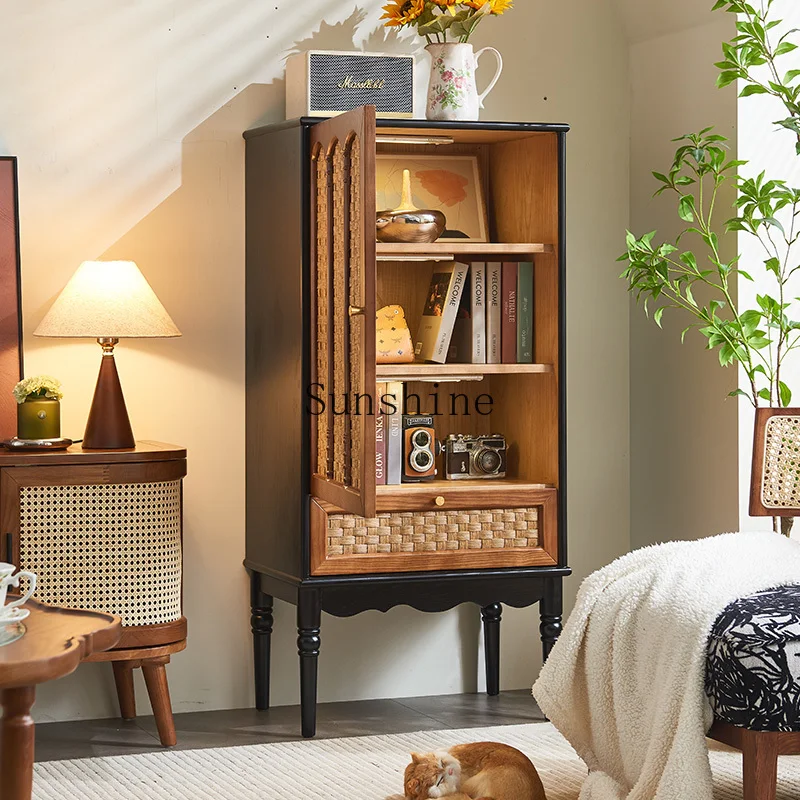 Medieval rattan woven solid wood dining side cabinet wabi-sandy wind black entrance storage cabinet