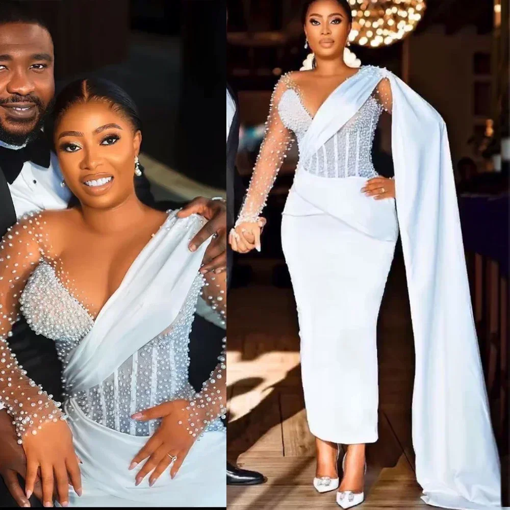 Customized  Handwork Pearls Mermaid Wedding Dress With Fly Away Robe De Mariée Ankle Length Illusion Long Sleeves Bridal Gowns