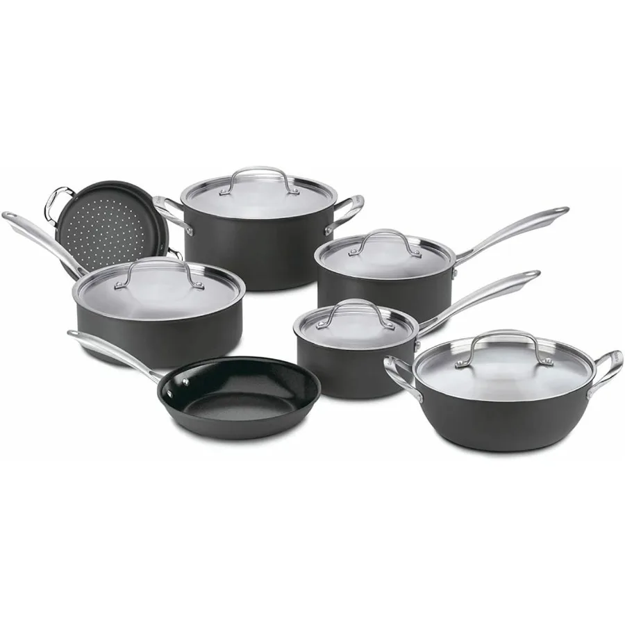 

12Piece Hard Anodized Nonstick Cookware Set in Black and Stainless Steel for Home Kitchen Use Durable and HeatResistant with Ev