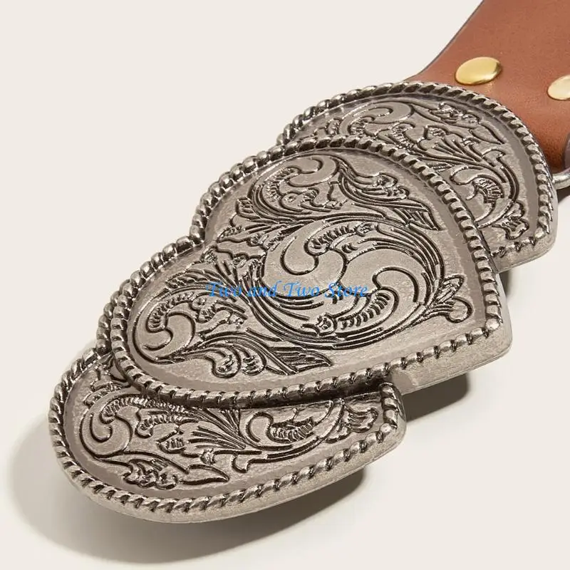 

HX6F Waist Belt Engraved Heart for Cowboy Cowgirl With Metal Buckle Vintage Belt Hot Girl WaistChain Wide Sexy Oversize Belt