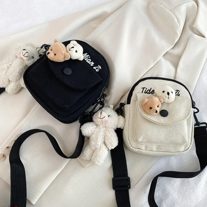 Cute Bear Canvas Mini Crossbody Bag Adjustable Strap Snap Button Shoulder Purse for Girls Daily Shopping Travel Outdoors view 2