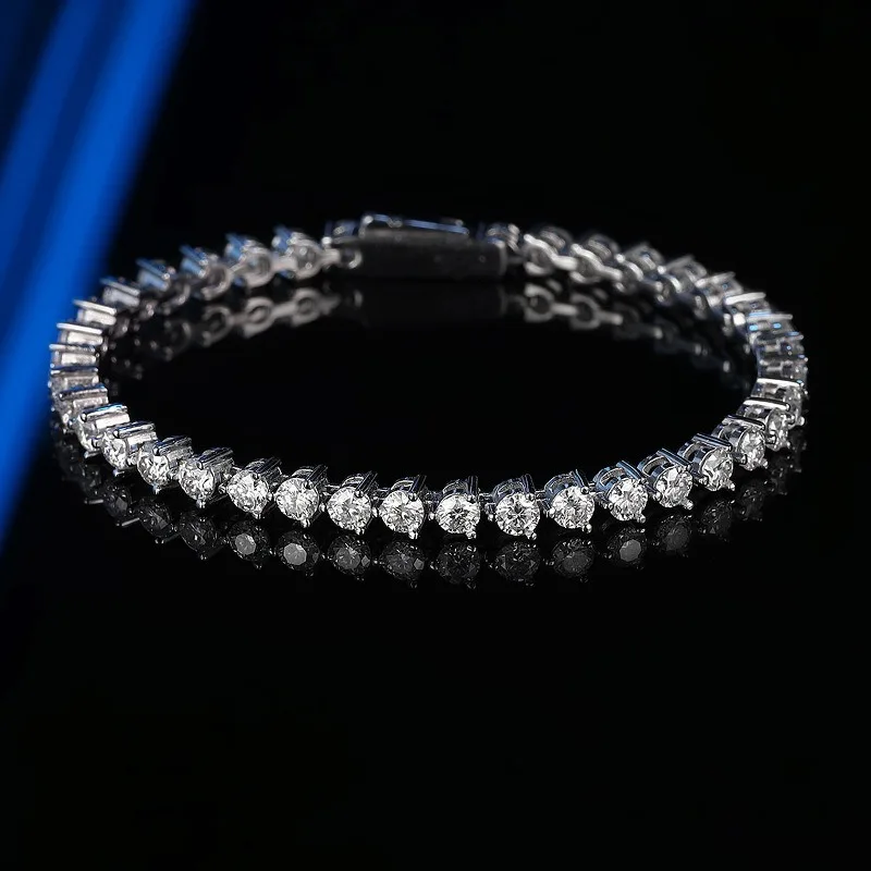 925 Silver 3-Prong Hidden Clasp Moissanite Tennis Bracelet, Light Luxury Full Diamond Chain for Women