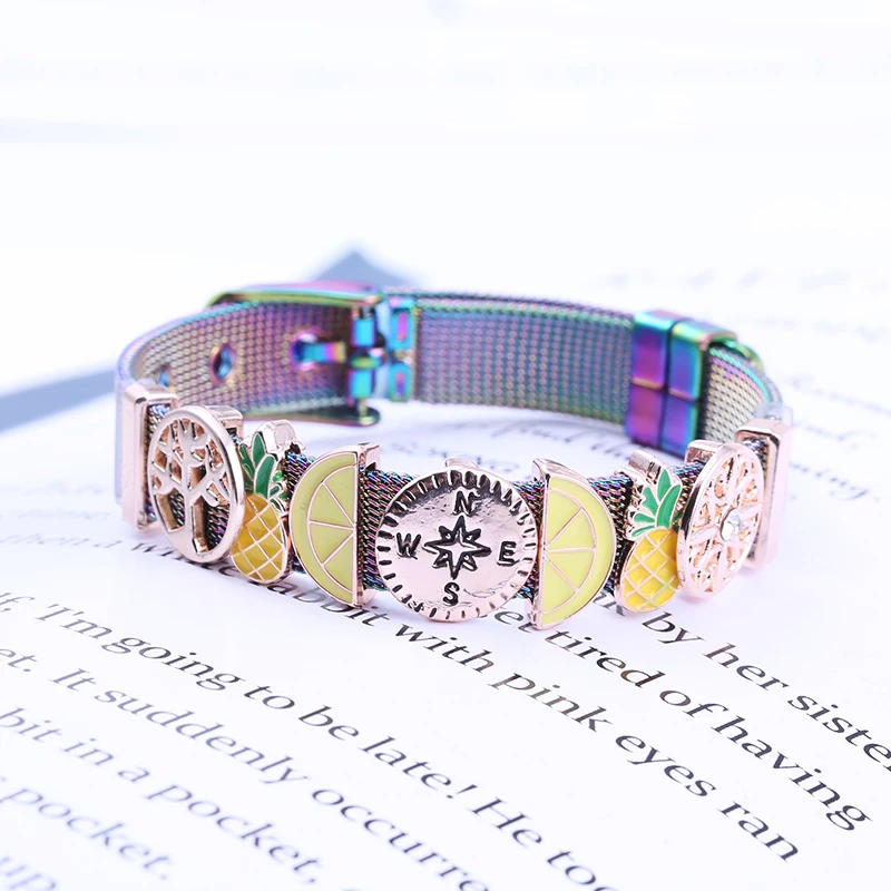 High Quality Jewelry 10mm Keeper Fruit Lemon Slide Charm Bracelet For Women Men Stainless Steel Mesh Bracelet Bangles DIY Gift