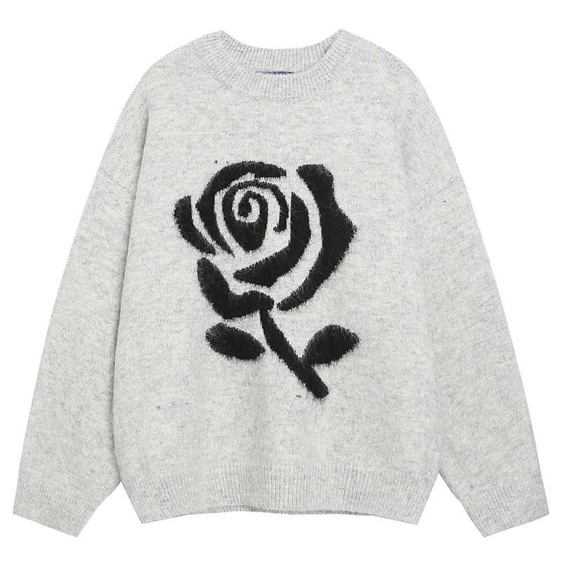

Autumn Mens Knitted Jumper Sweaters Rose Floral Jacquard Warm Pullovers Streetwear Harajuku Casual Loose Fit Knitwear Clothing