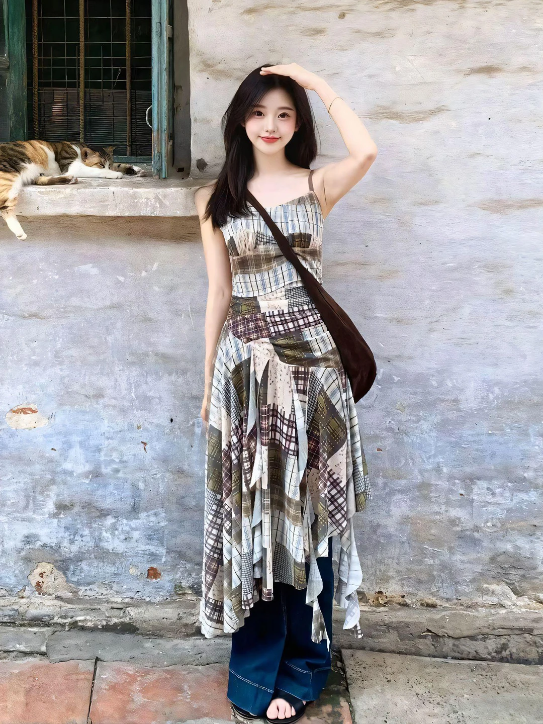 ele-plaid-strapl-dr-femmes-ete-2025-nouveau-petit-design-sens-svel-jupe-longue-taille-haute-vintage-sle