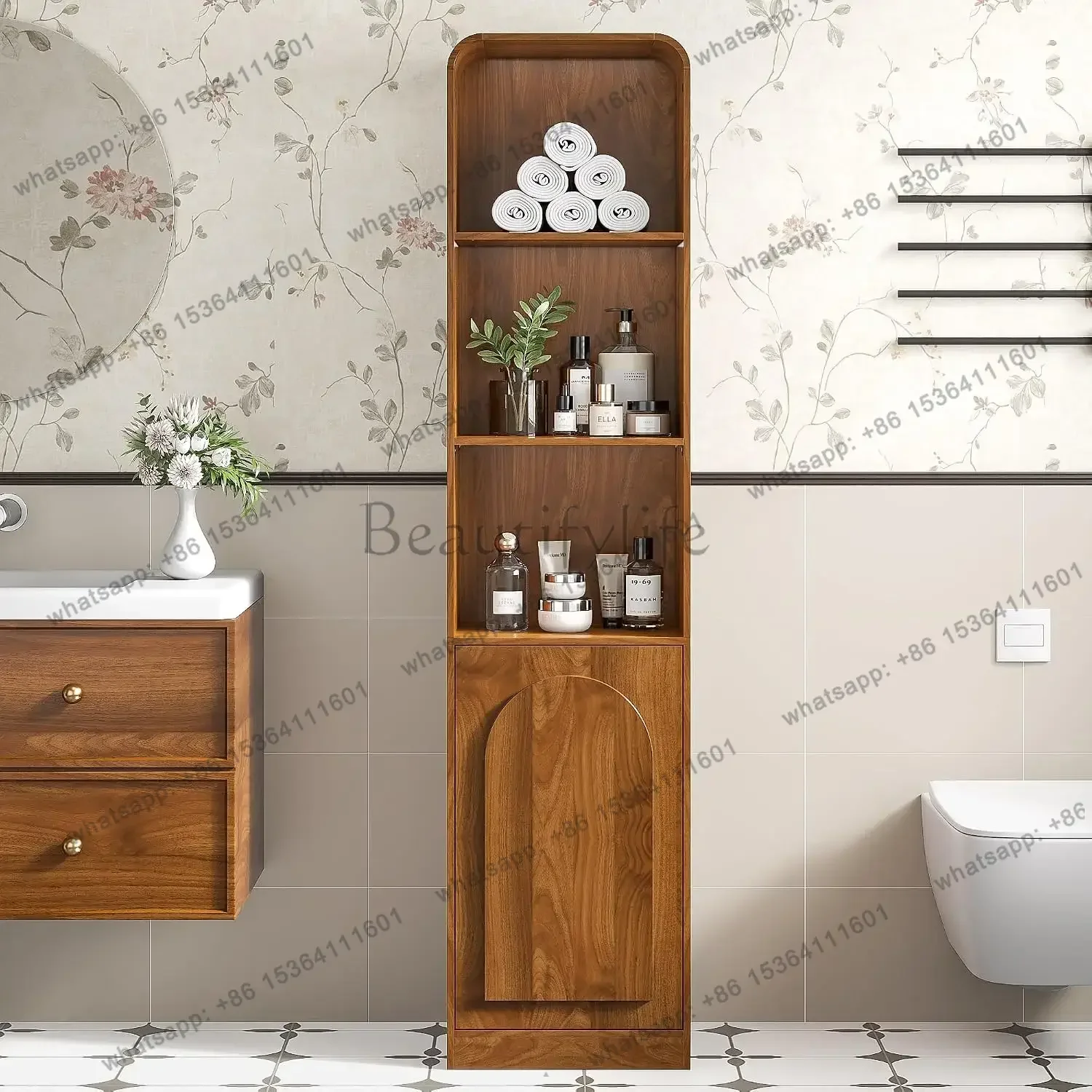 Factory Direct Tall Narrow Storage Cabinet With Arched Door, Slim Bathroom Cabinet With 5 Tier Shelves, Wood Mid , Customized