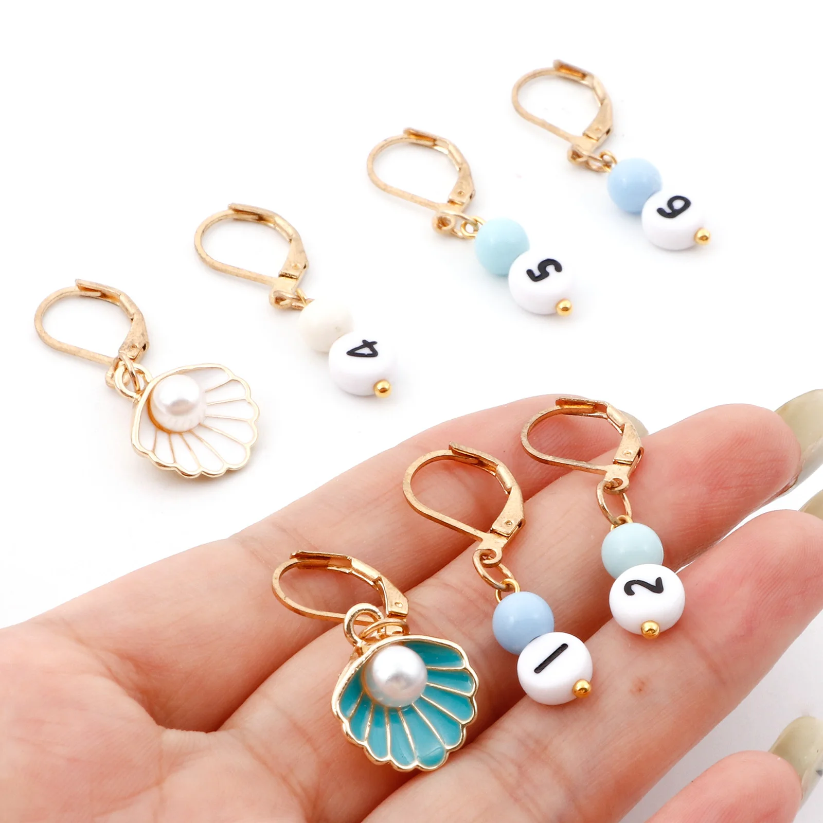 9PCs/Set Shell Charms Knitting Stitch Markers Crochet Latch For DIY Craft White 1-6 Number Beads Marker Kits Knitting Tools