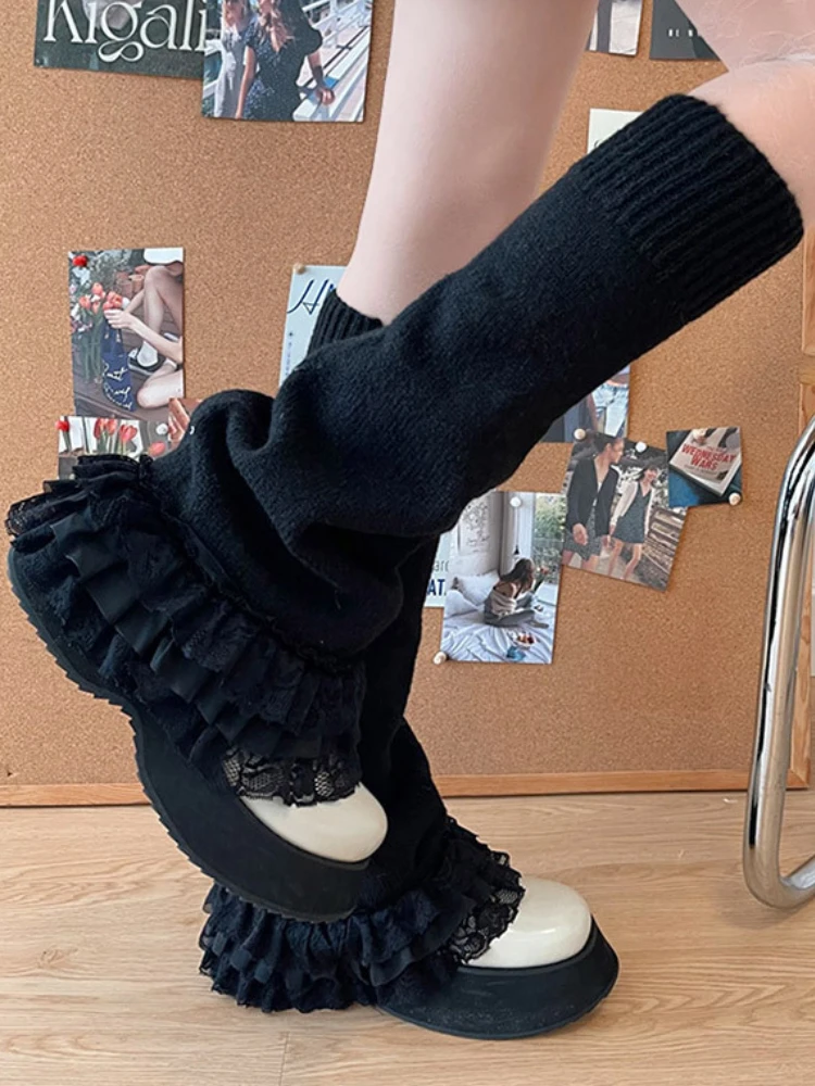 Women Lolita Kawaii Lace Ruffle Leg Warmers Boot Cuffs Knit Socks Harajuku Japanese JK Y2k Sweet Long Flared Warmer Sock