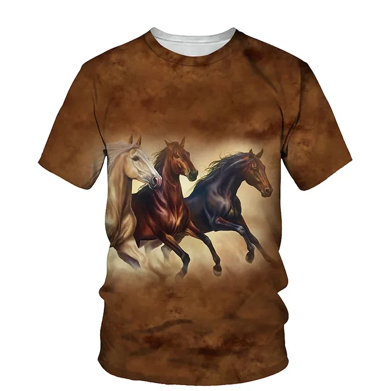 New Handsome Horse Graphic T-shirt Summer Animal Print Personality Hip Hop Men's Women's Children's Tops Breathable Lightweight