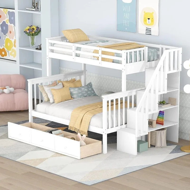 

Bunk Beds Twin Over Full Size, Wooden Bunk Beds with Storage Open Shelves, Stairway Bunk Bed Convertible to 2 Separated Beds