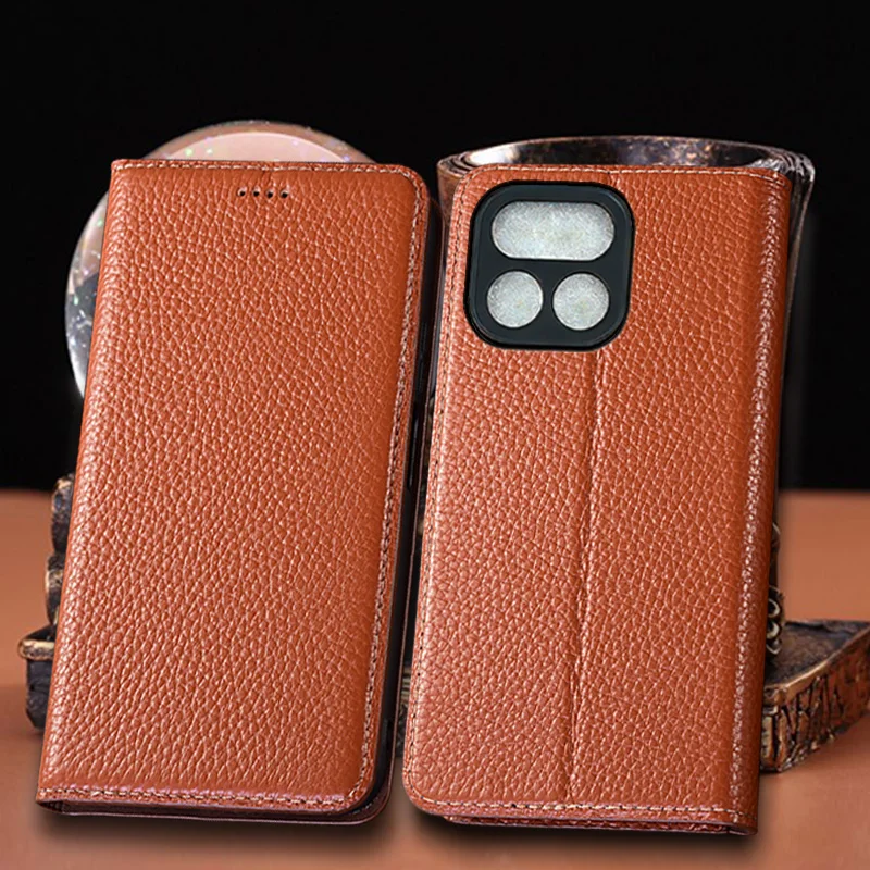 

For Realme 11 12 13 14 14T 15 16 Pro Plus 4G 5G Large Lychee Pattern Of Genuine Leather Flip Phone Case Cowhide ScratchResistant