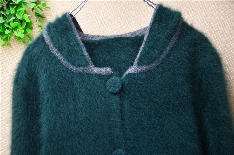 ladies women fashion green hairy soft mink cashmere knitted long sleeves hooded slim long sweater cardigan angora fur coat pull