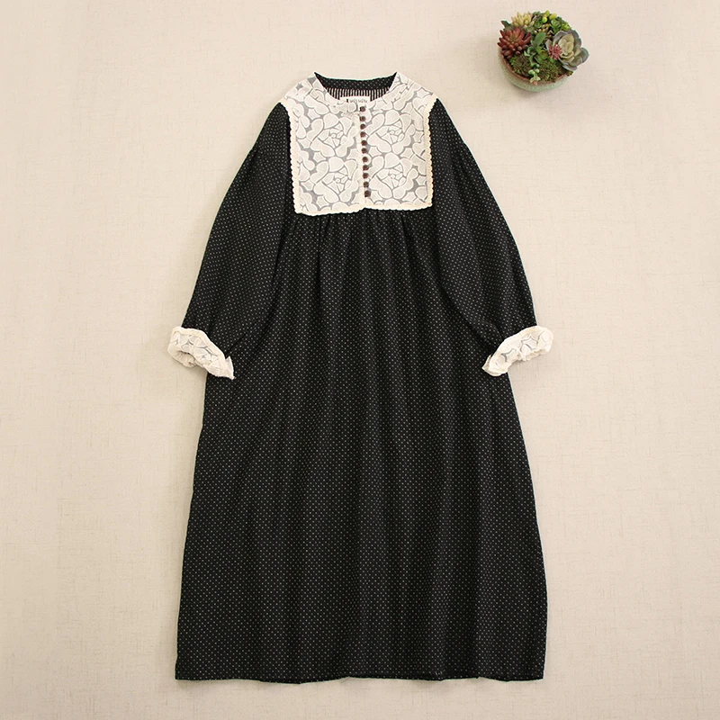 Sweet Mori Girl French Elegant Style Dot Print Lace Embroidery Cotton Dress Women Spring Autumn Long Sleeve Loose Midi Dresses