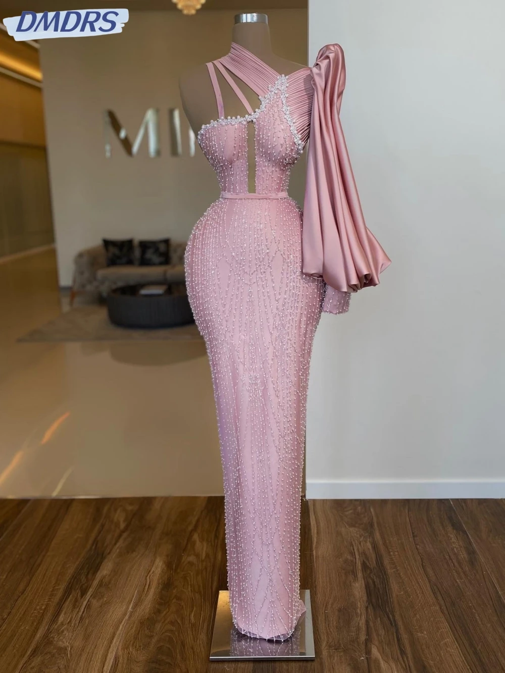 Modern One Shoulder Prom Gown Glitter Sequins Pearls Cocktail Dresses Luxury Pink Straight Long Evening Dress Robe De Mariée