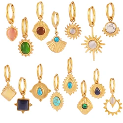 Stainless Steel Hoop Earrings for Women Vintage Natural Stone Charms Earrings Luxury Turquoise Pendant Earring Jewelry