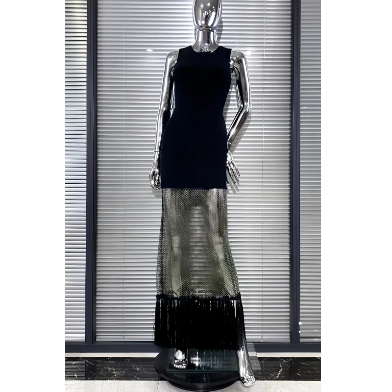 

Shining Diamond See Through Mesh Tassels Black Bandage Ankle Length Dress Fashion Woman Party Dress Birthday Party Outfit