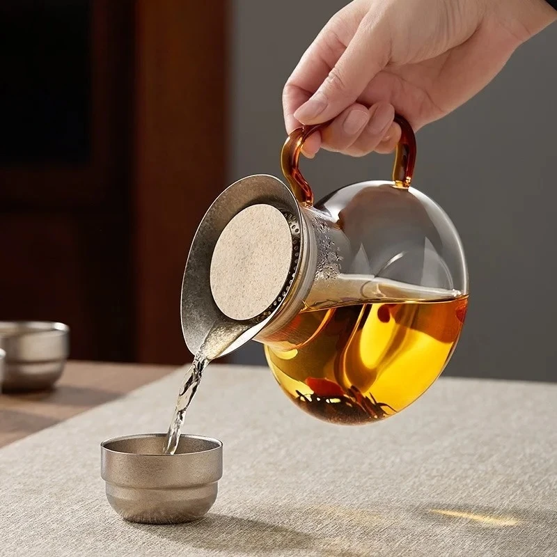 JUSTINLAU 450/600ml Pure Titanium Lid Glass Teapot Home Integrated Filter Tea Separation Health Brewing Teapot Kung Fu Teaware