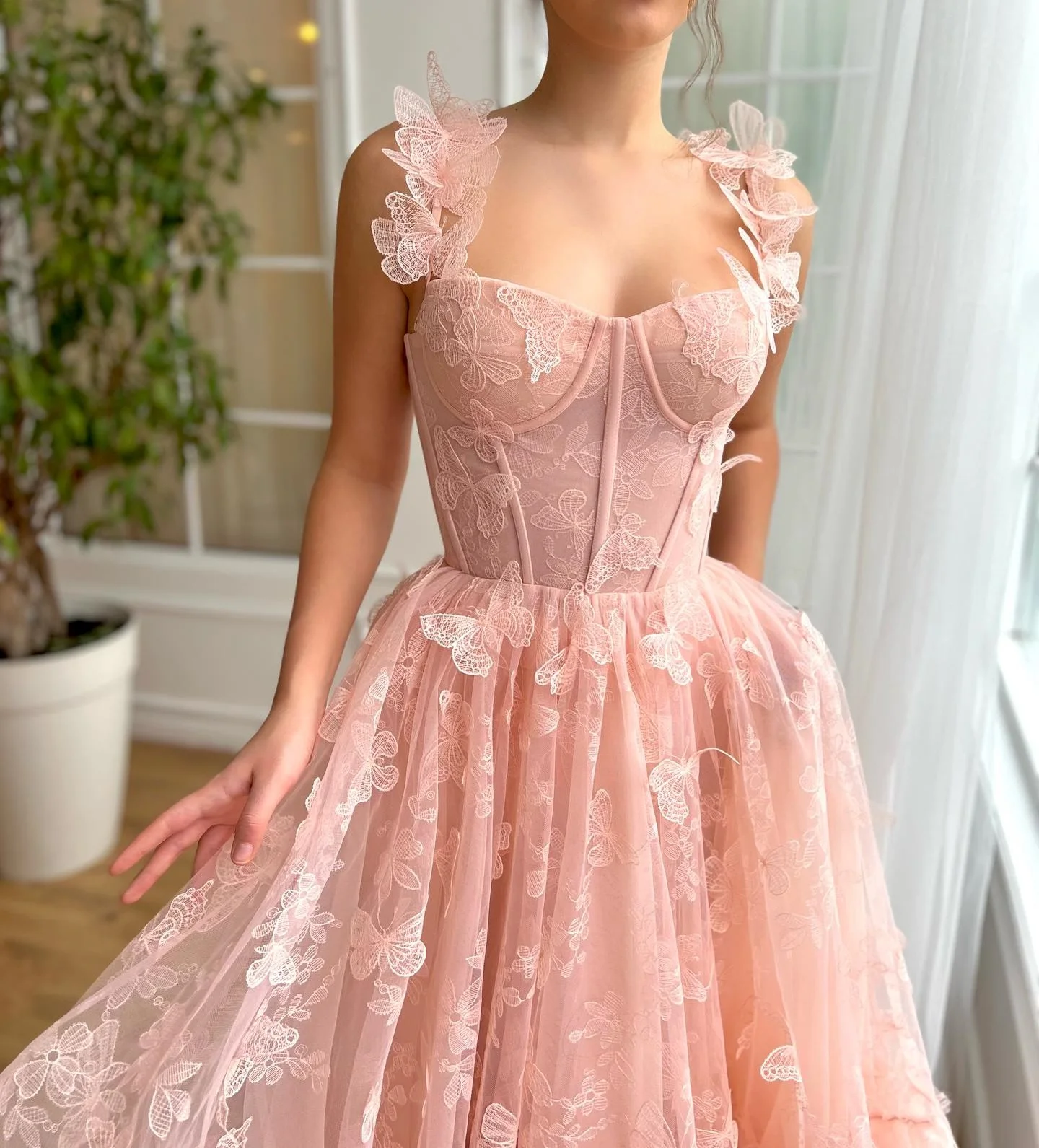 A-Line Tulle Evening Dresses Spaghetti Straps Lace Up Ankle-Length Homecoming Dress 3D Butterfly Appliques Prom Gowns 2024 New