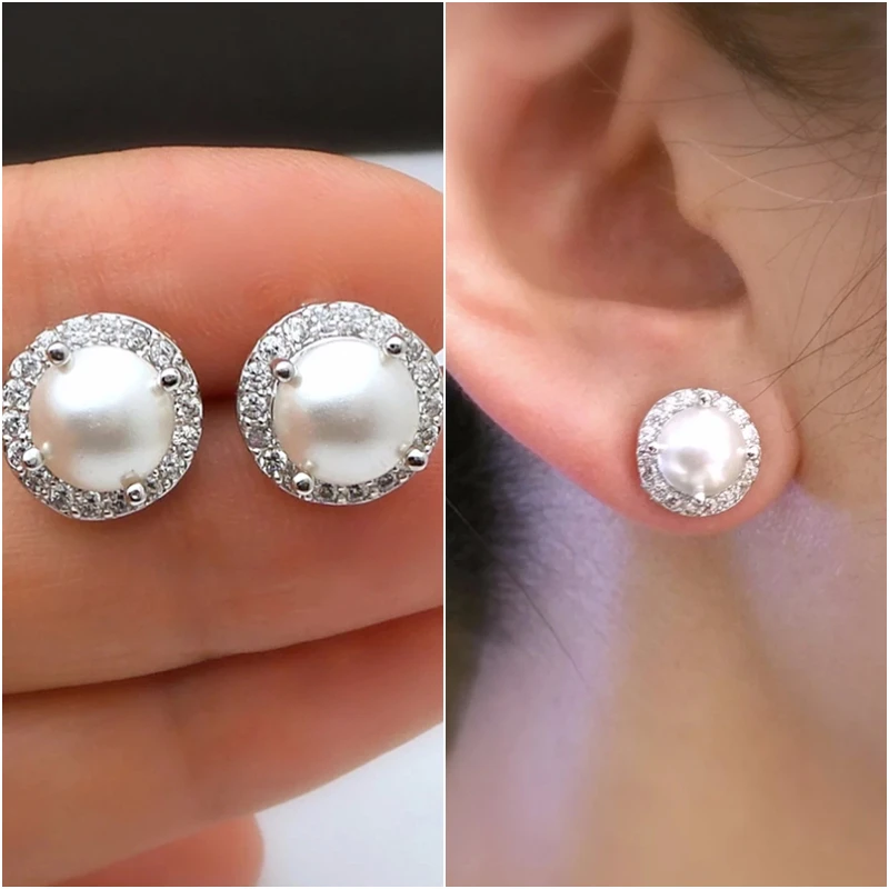 Huitan Simple Elegant Women's Imitation Pearl Earrings Paved with CZ Stone Versatile Ear Accessory Wedding Party Trendy Jewelry