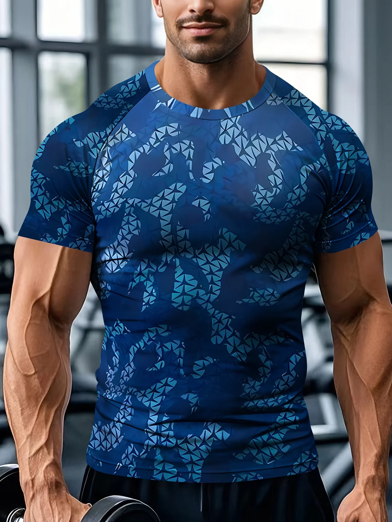 Men Quick Dry High Elastic Sport T Shirt Blue Camo Triangle Print Raglan Sleeve Breathable Fitness Top