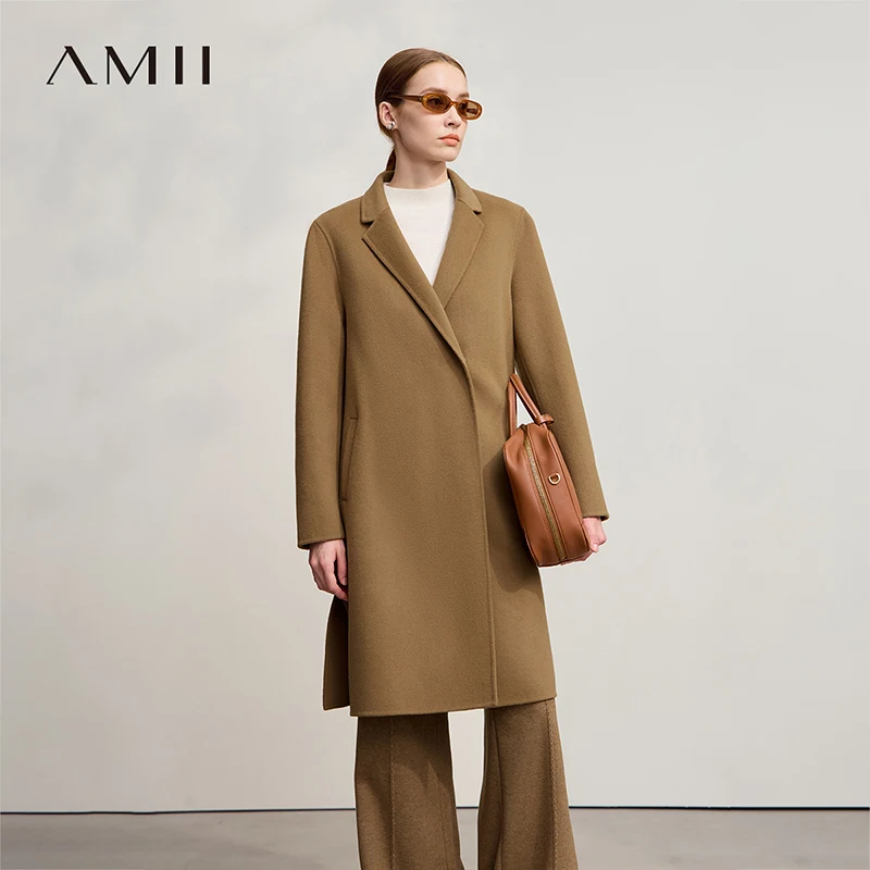 AMII Minimalist Woolen Coat 2026 Winter New Loose Solid Color Versatile Women's Clothing Wool Long Sleeves Coat Women 12524044
