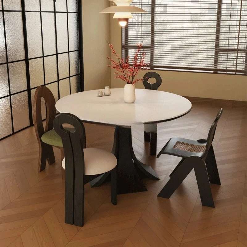 slab dining tables, strict luxury, antique black round dining table, round table, solid wood small apartment dining table