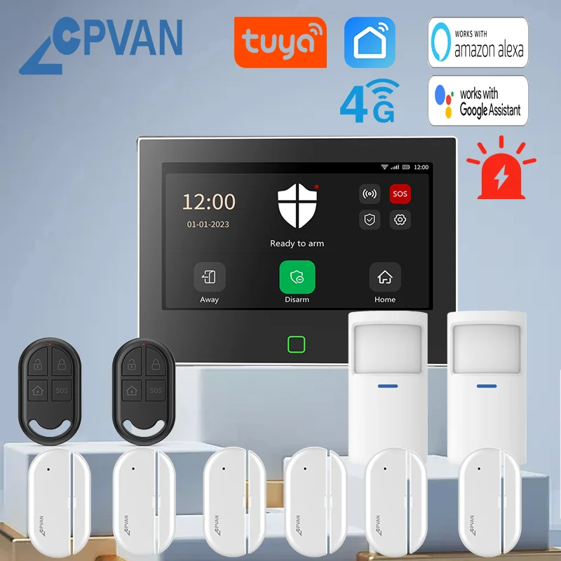 cpvan tuya home alarm system sem fios 4g smart home seguranca anti roubo protecao alarme com sensor de porta motion sensor alarm 01