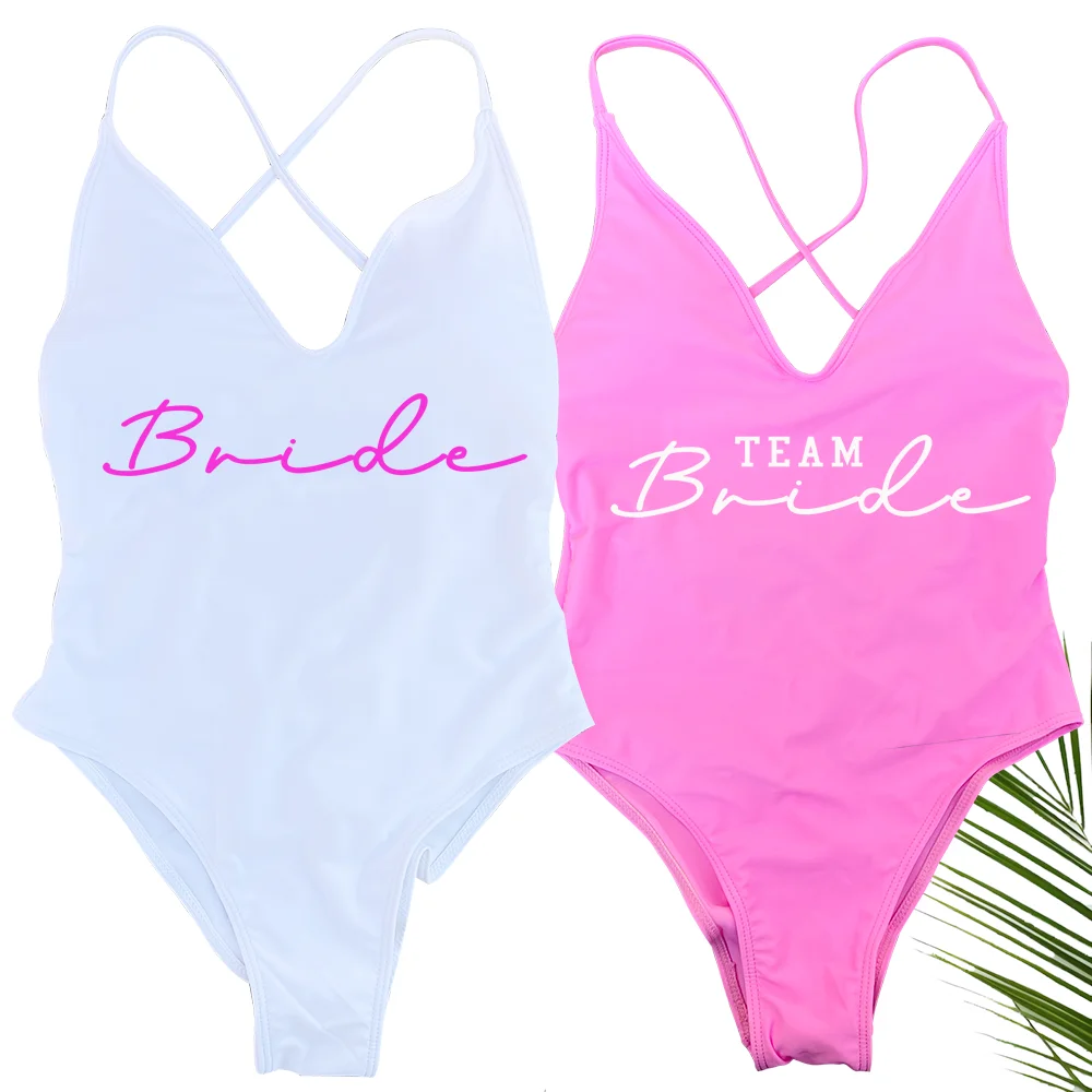 Sexy Padded Team Bride One Piece Swimsuit Bride Swimwear Women Summer Bathing Suit Higt Cut Cross Back Beachwear Bodysuit