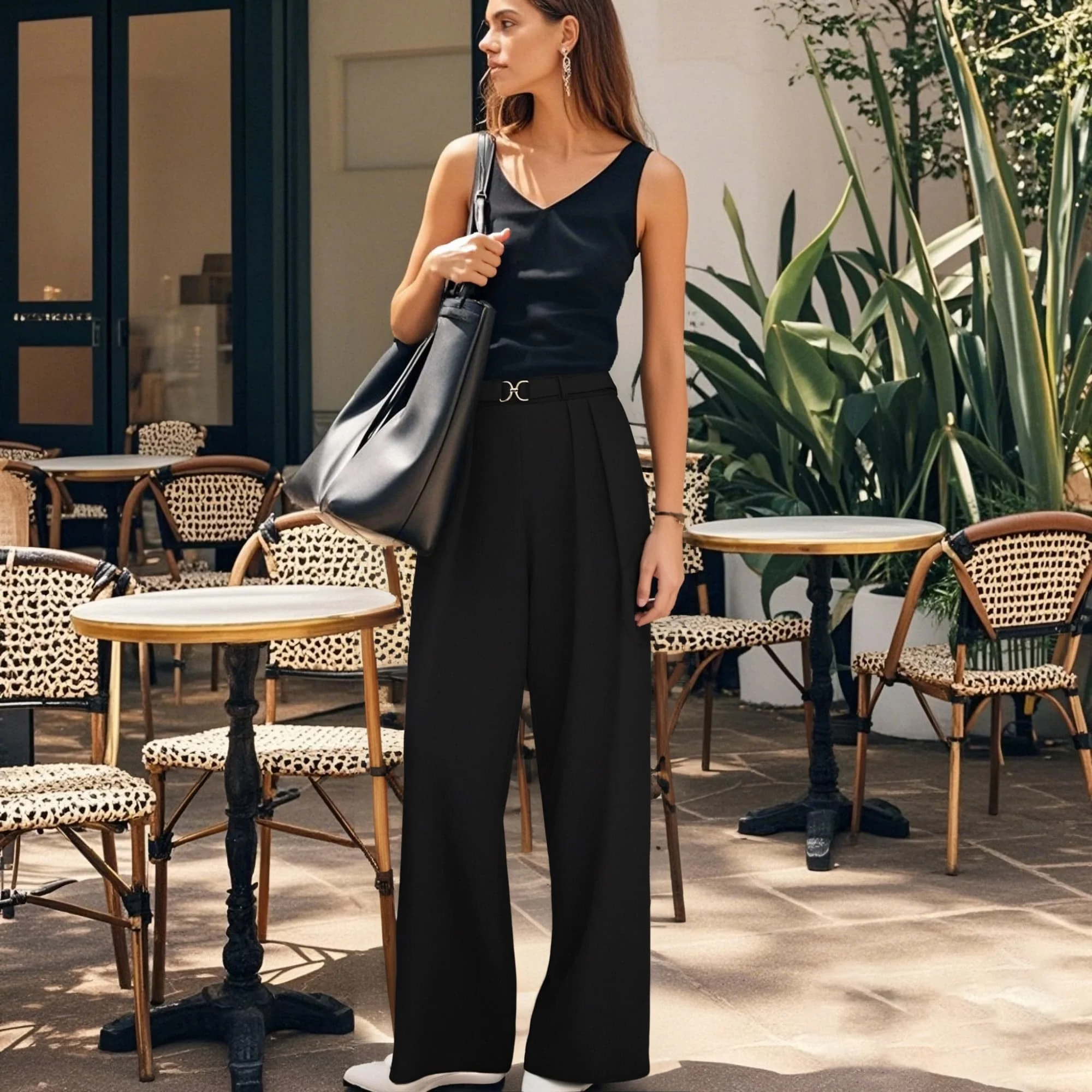  Women's High - waisted Belted Pleated Wide - leg Trousers with a Chic and Professional Design for a Stylish Outfit