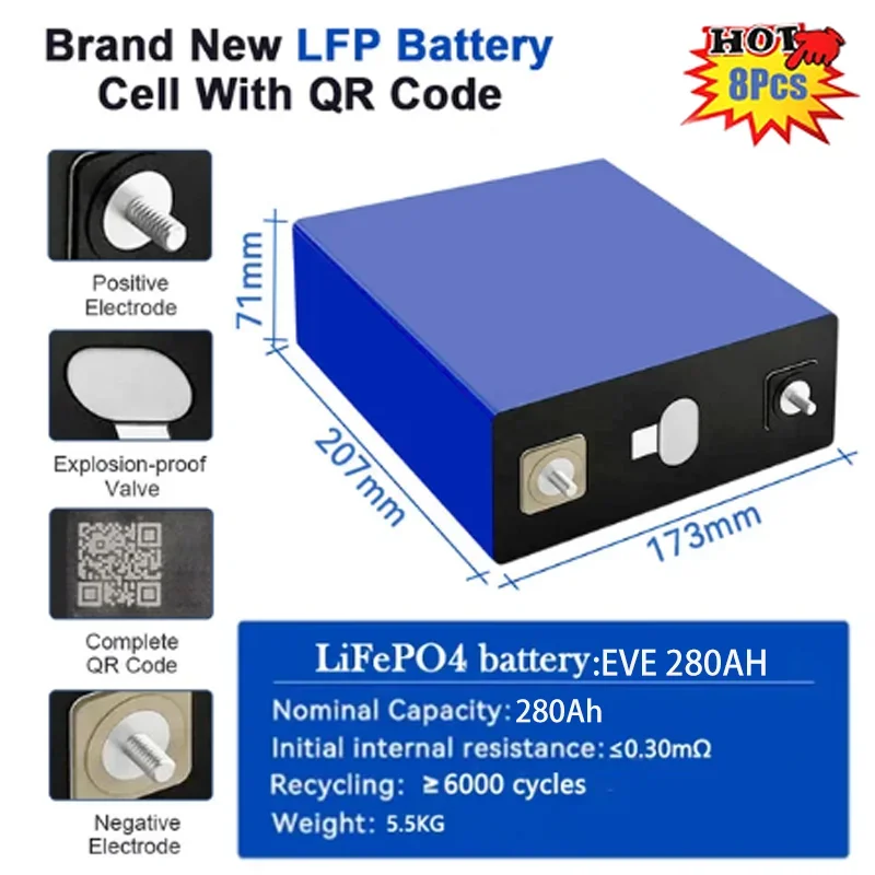 LiFePO4 3.2V 280Ah Battery Cell Grade A 6000+ Cycles Free Busbar Real Test 295Ah For DIY 12V 24V 48V Lithium Battery Pack NO TAX