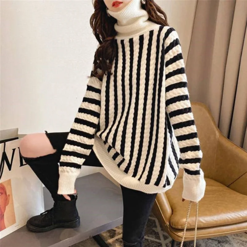 Women\'s Thick turtleneck Striped Sweater Jumpers Autumn and Winter Loose Playful Korean Contrast Color Long Sleeve Knitted Tops