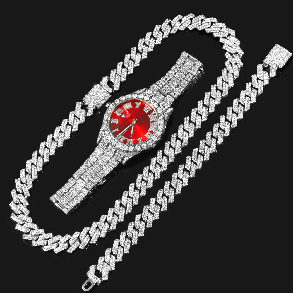 Fashion Rhinestone Wrist Watch & Hip Hop 14MM Prong Cuban Chain & Rapper Cuban Necklaces Set, Punk Party Gift