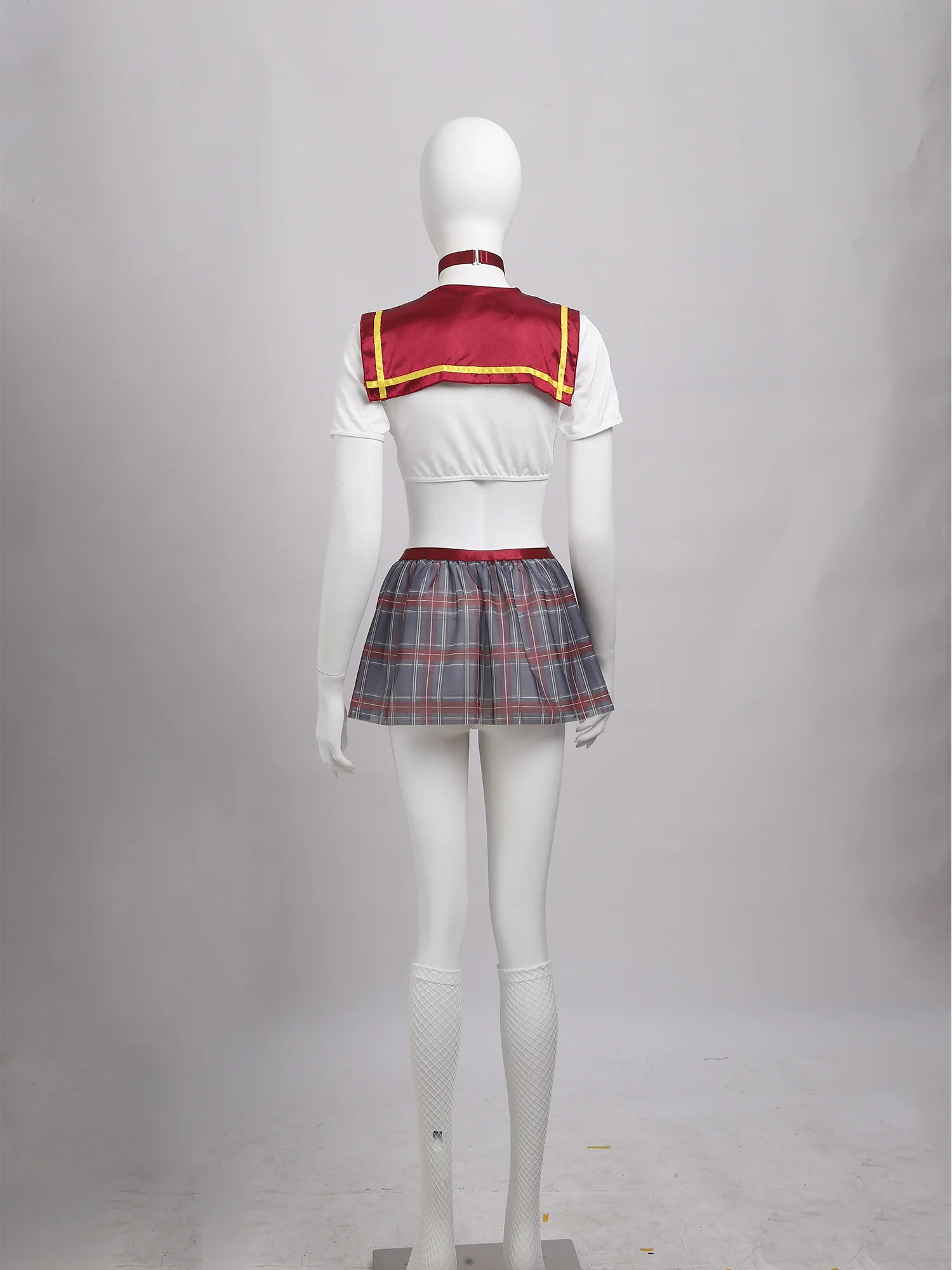 Women Halloween Theme Party Sexy Schoolgirl Cosplay Lingerie Set Crop Top with Necktie Sheer Mini Skirt Thong Fishnet Stockings view 4