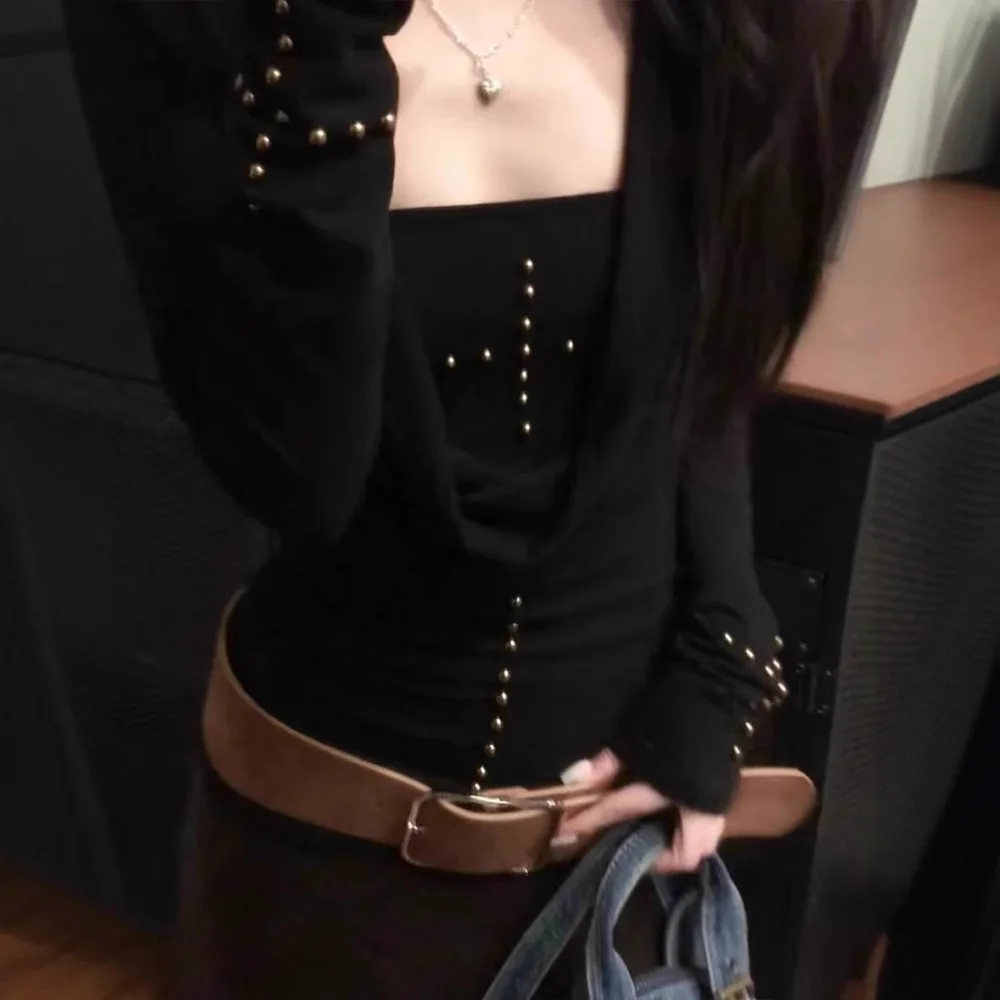 Y2k Dark Girl Cross Long Sleeve T-Shirt Set Women's Autumn Design Pure Desire Spicy Top Two-Piece Set Korean Style Slim Fit view 2