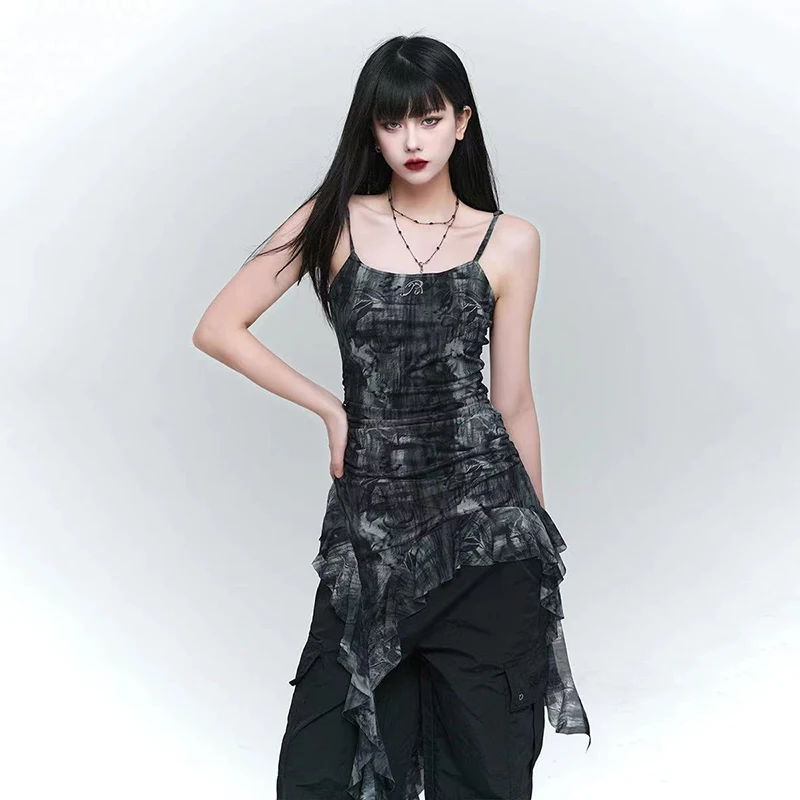 

Gothic Women Tie Dye Mesh Camis Sumemr Streetwear Irregular All Match Tank Tops Y2K American Vintage Slim Ruffles Vest Mujer