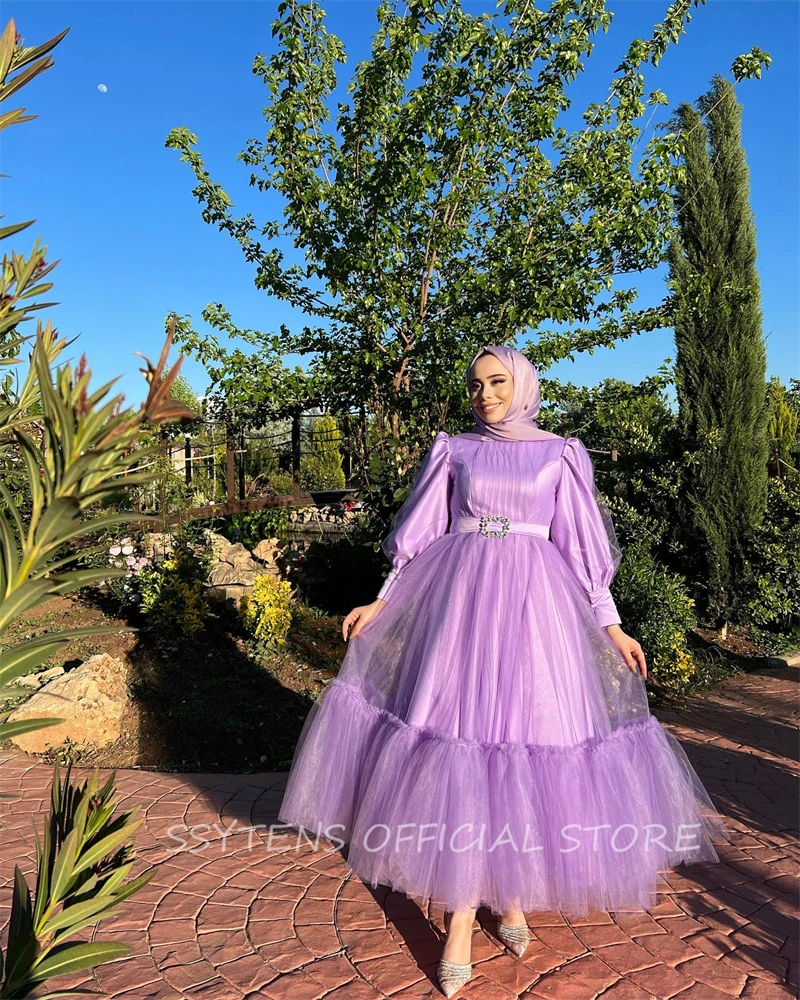 Vestidos de Fiesta de manga larga, vestidos de noche árabes lilas, longitud hasta el tobillo, vestido de graduación musulmán de Dubái, vestidos de ocasión a medida