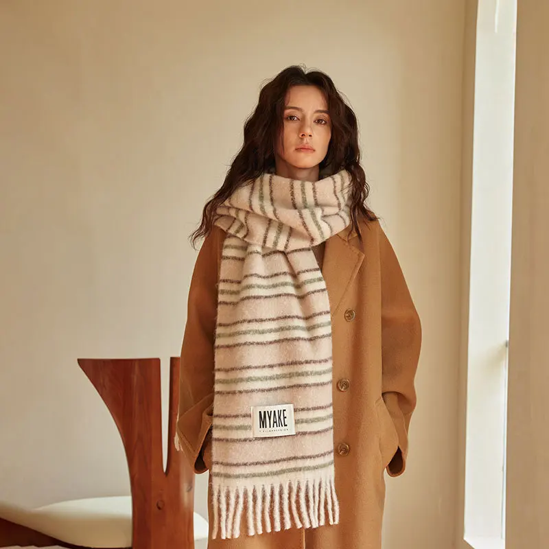 2024winter simple contrasting stripes with wool blend soft and sticky girl's scarf paired with couple's artistic resistant shawl