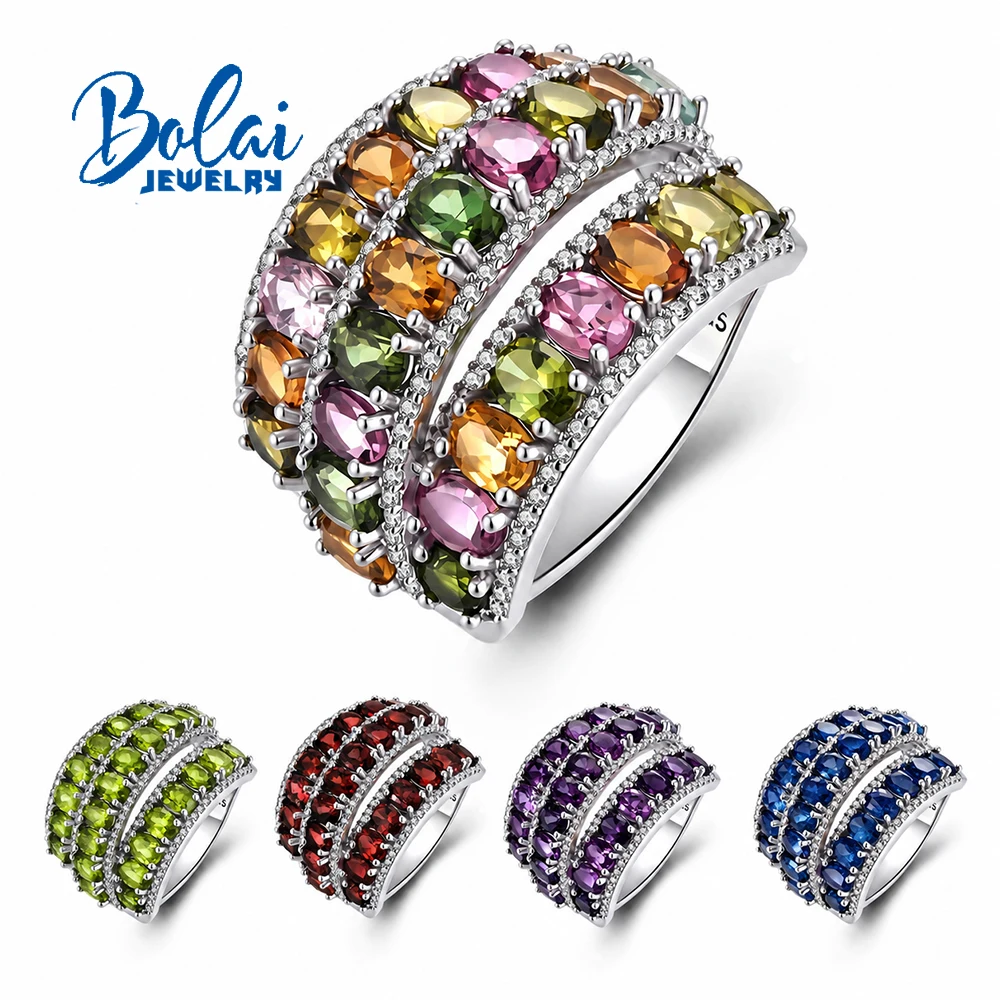 Elegant 925 Sterling Silver Ring for Women Natural Peridot&Tourmaline&amethyst&Garnet&Kyanite for Stable Emotions Ideal Gift