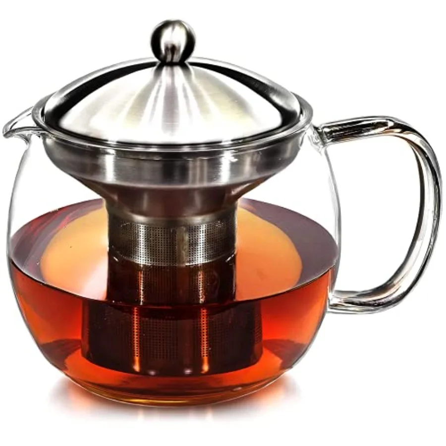 

Teapot with Infuser for Loose Tea - 40oz, 3-4 Cup, Clear Glass Kettle Pot with Strainer and Warmer - For Whole Leaf, Iced Maker