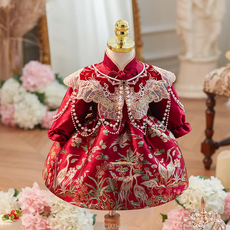 Party Dress Chinese Style Baby Girl First Birthday Tang Suit Princess Gown Red Cheongsam Outfit 100 Days Celebration Traditional