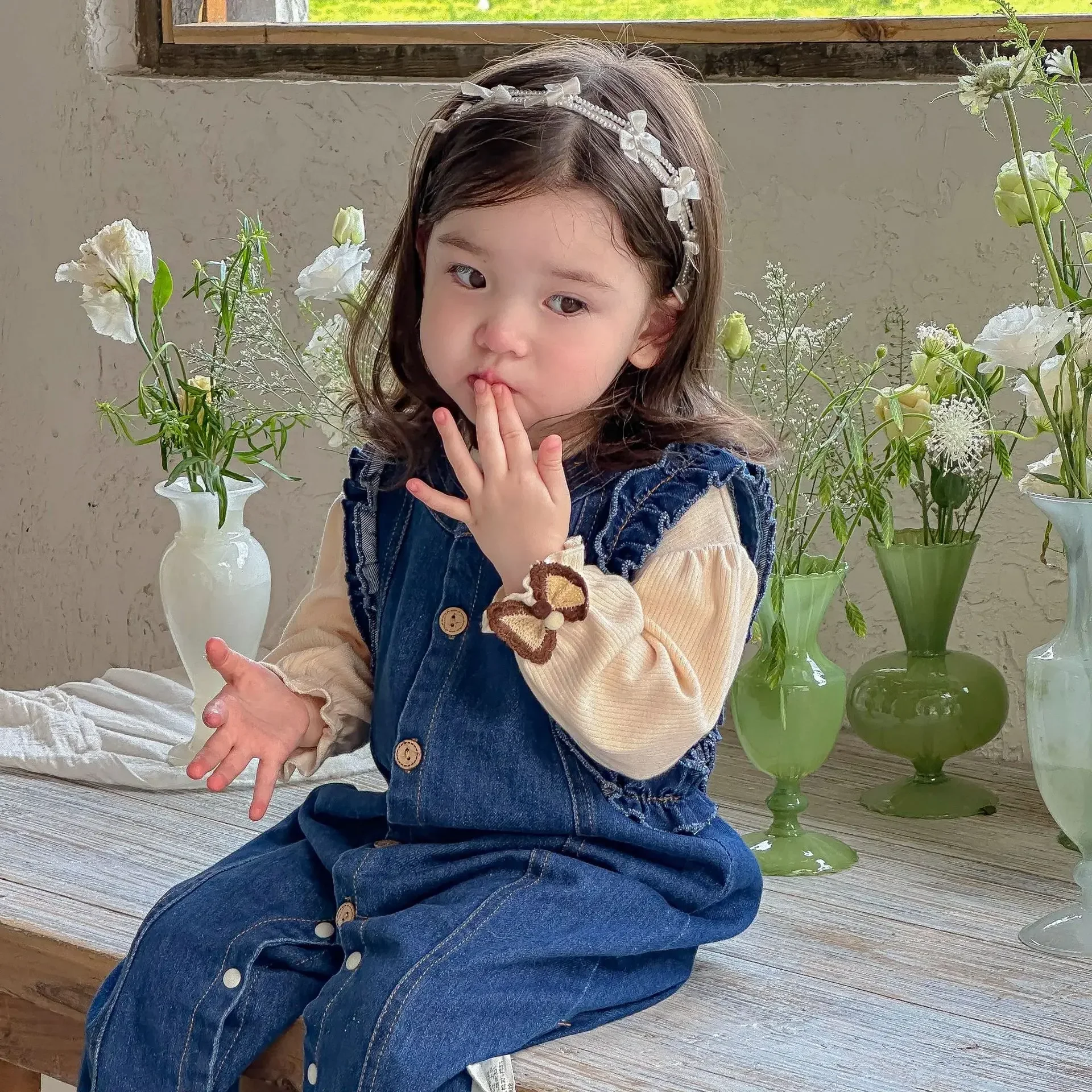 

2024 Autumn One Year Old Girls Clothing Korean Girls Autumn Denim Two-piece Set Baby A-level Set Outdoor Clothing