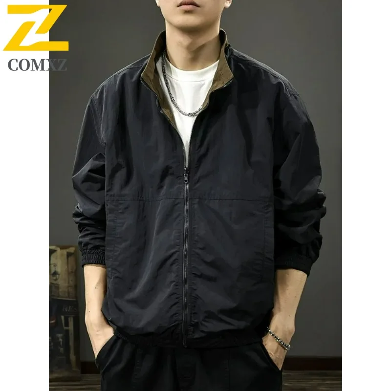 

COMXZ 2025 Men New Big Size Jacket Hooded Loose Fit Workwear Trendy Outdoor Plus Size Windbreaker Stand Collar Big Pocket Coat