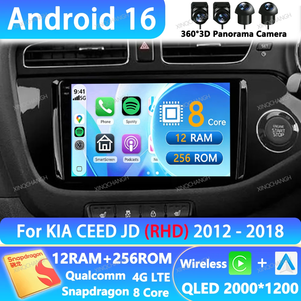 Autoradio Android 16 pour KIA Cee'd CEED JD 2012 2013 2014 2015 2016 2017 2018 Lecteur multimédia stéréo vidéo 4G WIFI QLED GPS BT