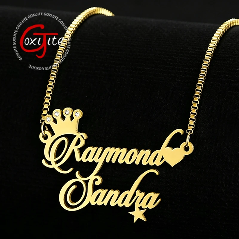 

Ожерелье Goxijite с индивидуальной гравировкой, из нержавеющей стали, с короной, сердцем, звездой, кристаллами CZ, персонализированная именная табличка, модные ювелирные изделия, подарок для женщин