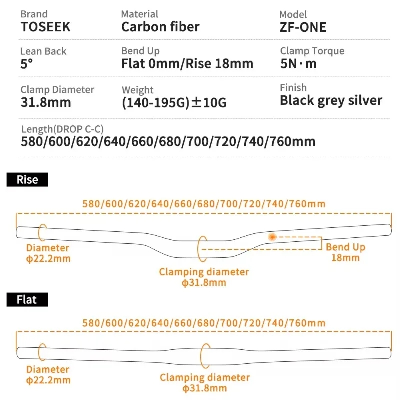 TOSEEK ZF-ONE Carbon Mtb Handlebar 31.8mm 640/660/680/700/720/740/760mm Bicycle Handlebar Ultralight Mountain Bike Handlebars