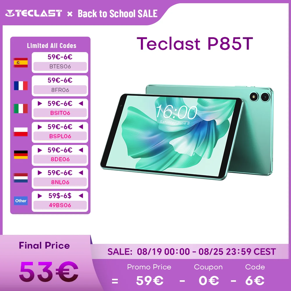 Teclast P85T Android 14 Tablet 8‘’ Allwinner A523 Octa Core (4+6)10GB RAM 64GB ROM TF up tp 1TB Wi-Fi 6 BT5.2 Type-C