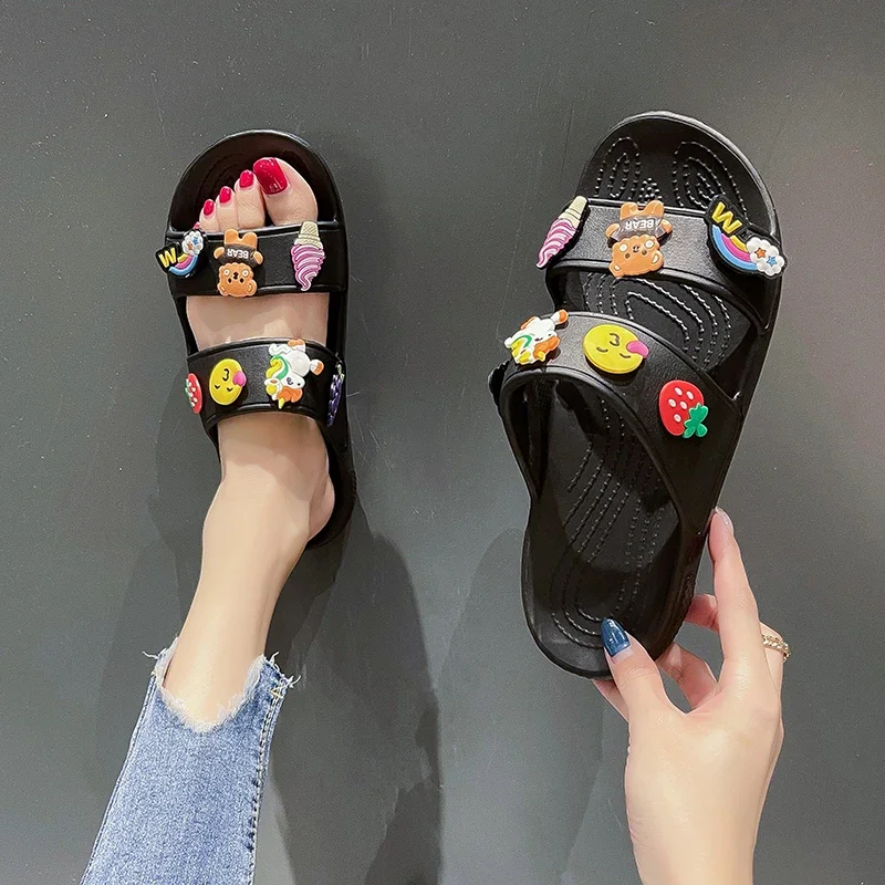 Women Summer Casual Slides Comfortable Flax Slippers Striped Cartoon Flip Flops Platform Sandals Ladies Outdoor Shoes