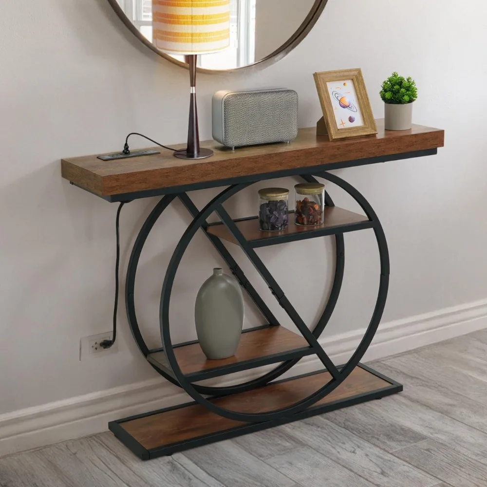 

41” Unique Design 4-Tier Industrial Thick Sofa Console Table w/Storage & Charging Station, Entrance Tableau w/ 2 Outlets, USB &