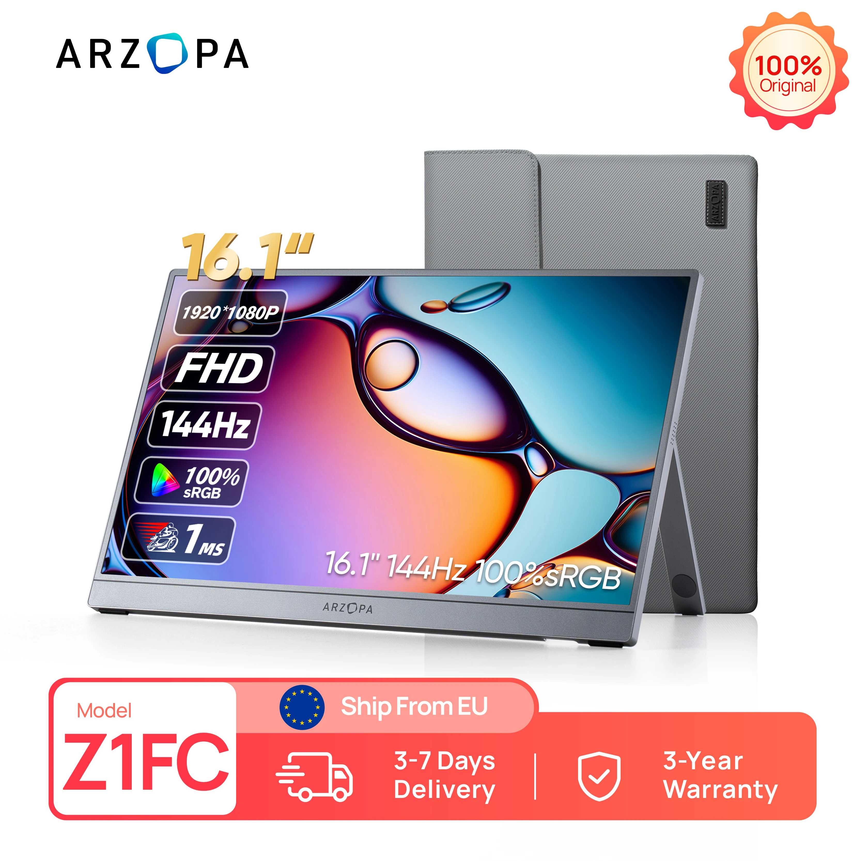 ARZOPA ? moniteur de jeu Portable gris Z1FC, 16.1 pouces, avec sac de rangement, 144 hz, 100% s RGB, 1080P FHD, deuxime cran externe IPS