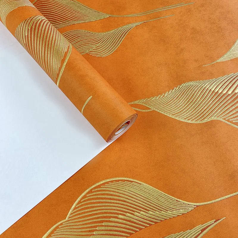 

Простые оранжевые обои, наклейка для дома, комнаты, нетканые бронзовые листья, настенная бумага, светлая роскошь